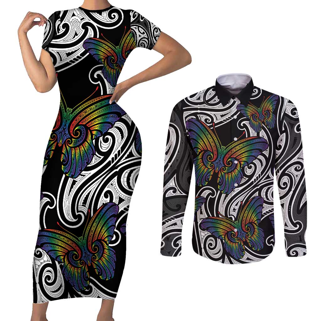Aotearoa Takatapui Pride Couples Matching Short Sleeve Bodycon Dress and Long Sleeve Button Shirt Rainbow Butterfly - Free To Love