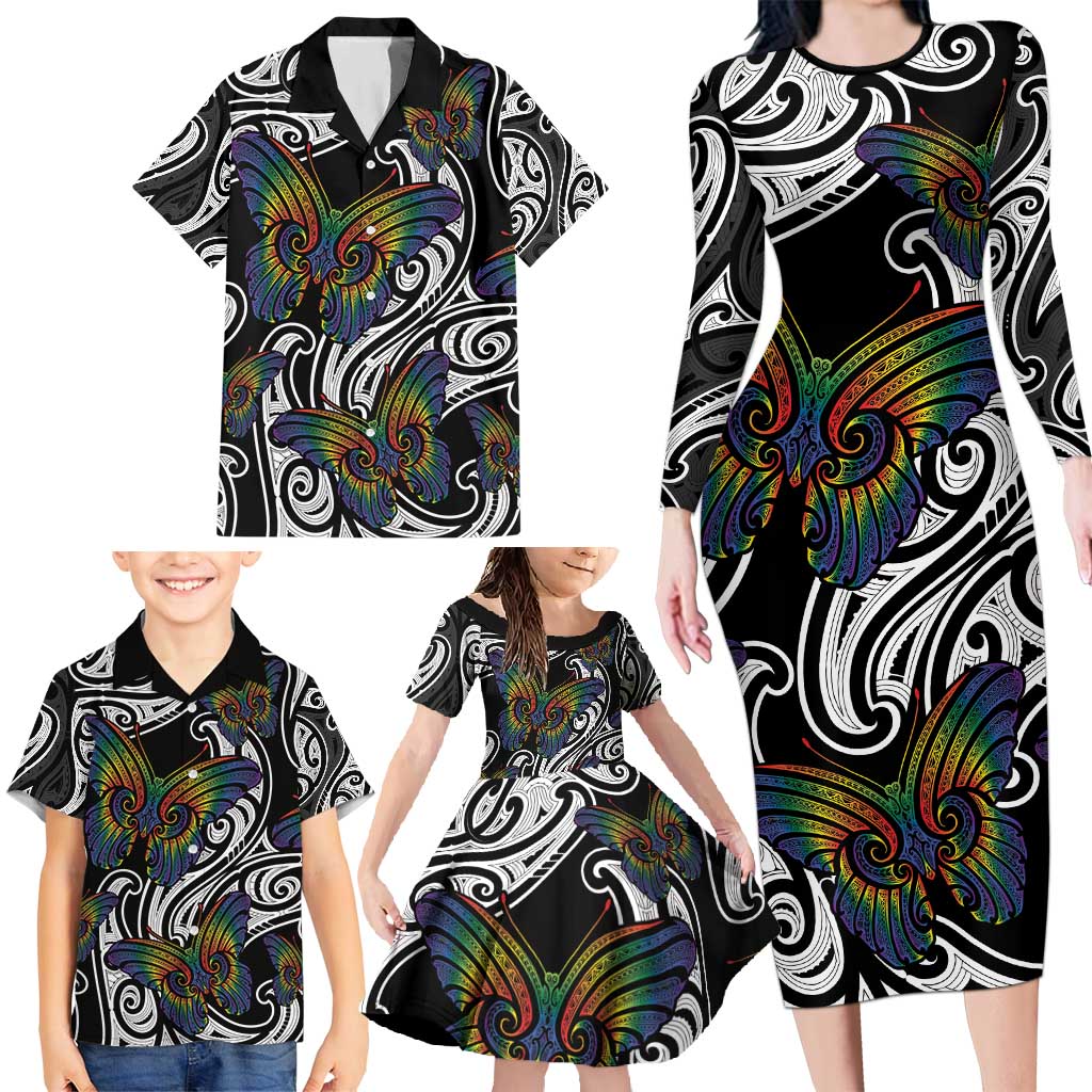 Aotearoa Takatapui Pride Family Matching Long Sleeve Bodycon Dress and Hawaiian Shirt Rainbow Butterfly - Free To Love