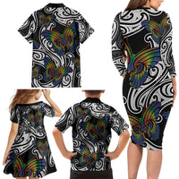 Aotearoa Takatapui Pride Family Matching Long Sleeve Bodycon Dress and Hawaiian Shirt Rainbow Butterfly - Free To Love