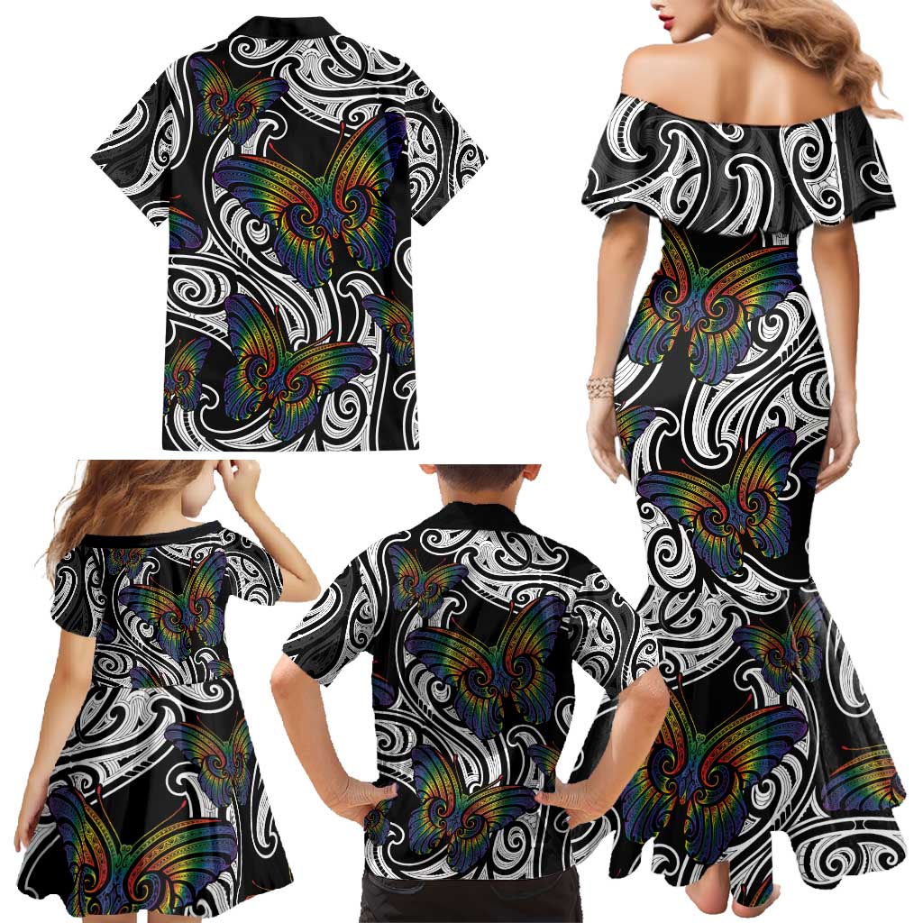 Aotearoa Takatapui Pride Family Matching Mermaid Dress and Hawaiian Shirt Rainbow Butterfly - Free To Love