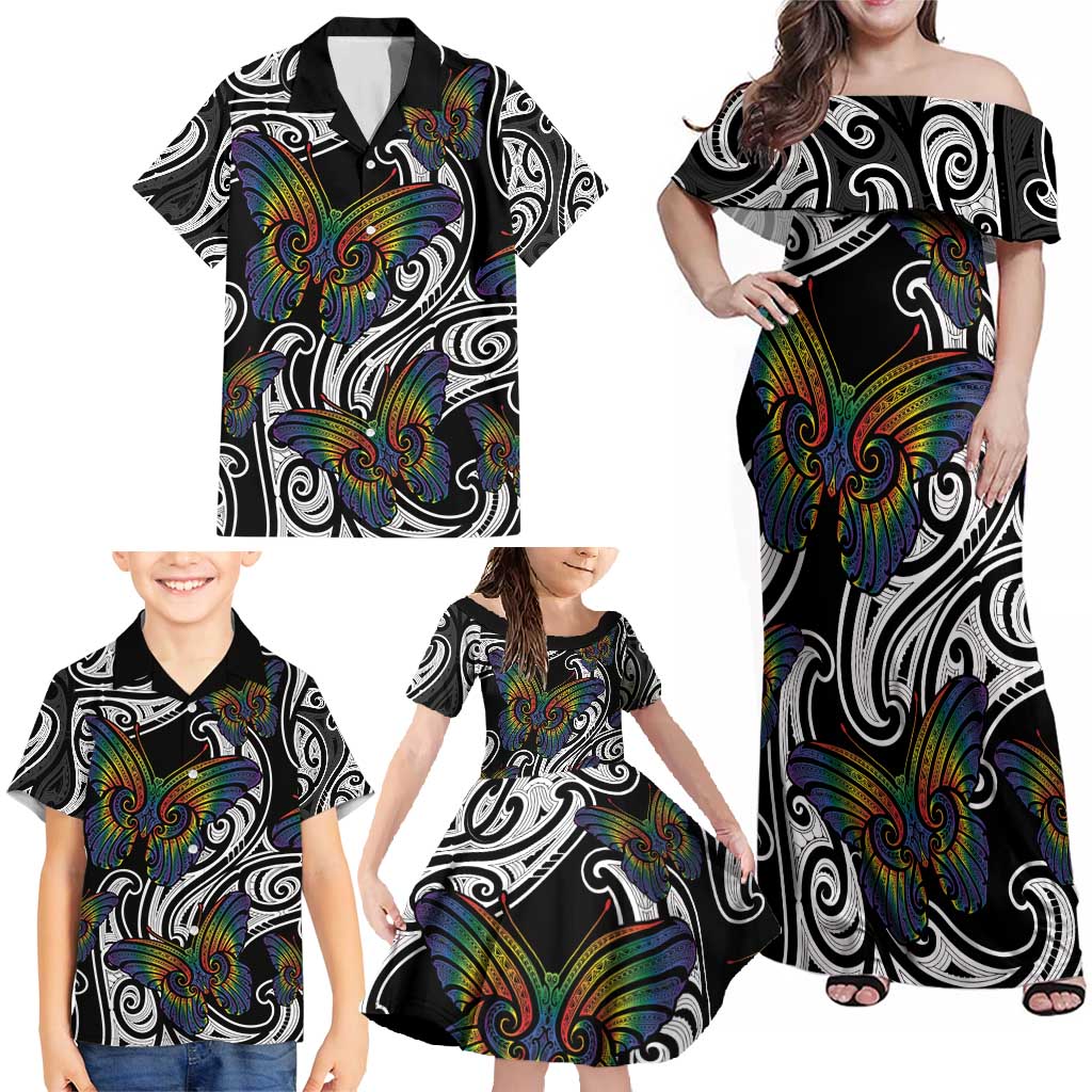 Aotearoa Takatapui Pride Family Matching Off Shoulder Maxi Dress and Hawaiian Shirt Rainbow Butterfly - Free To Love