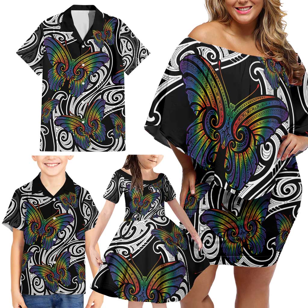 Aotearoa Takatapui Pride Family Matching Off Shoulder Short Dress and Hawaiian Shirt Rainbow Butterfly - Free To Love