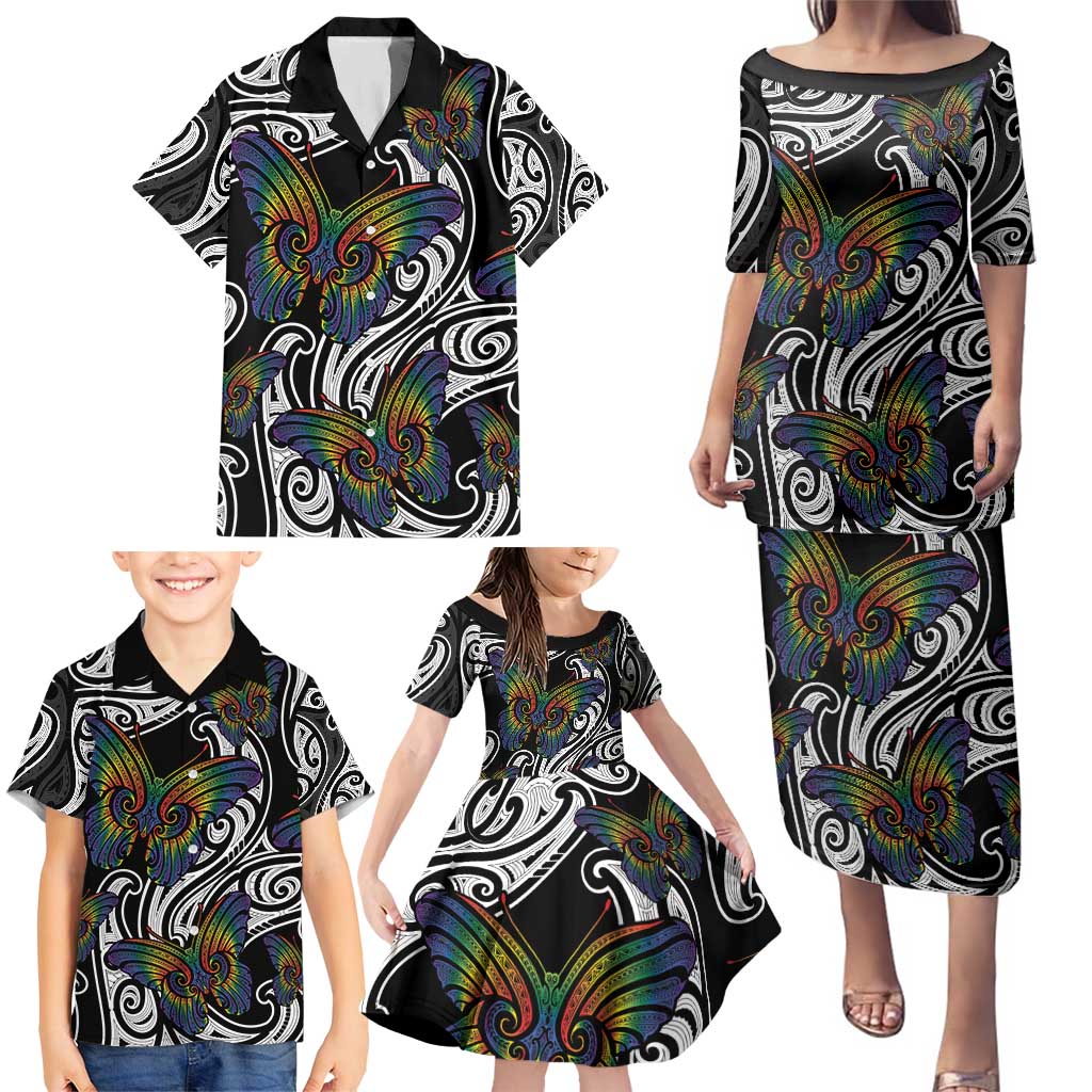 Aotearoa Takatapui Pride Family Matching Puletasi and Hawaiian Shirt Rainbow Butterfly - Free To Love