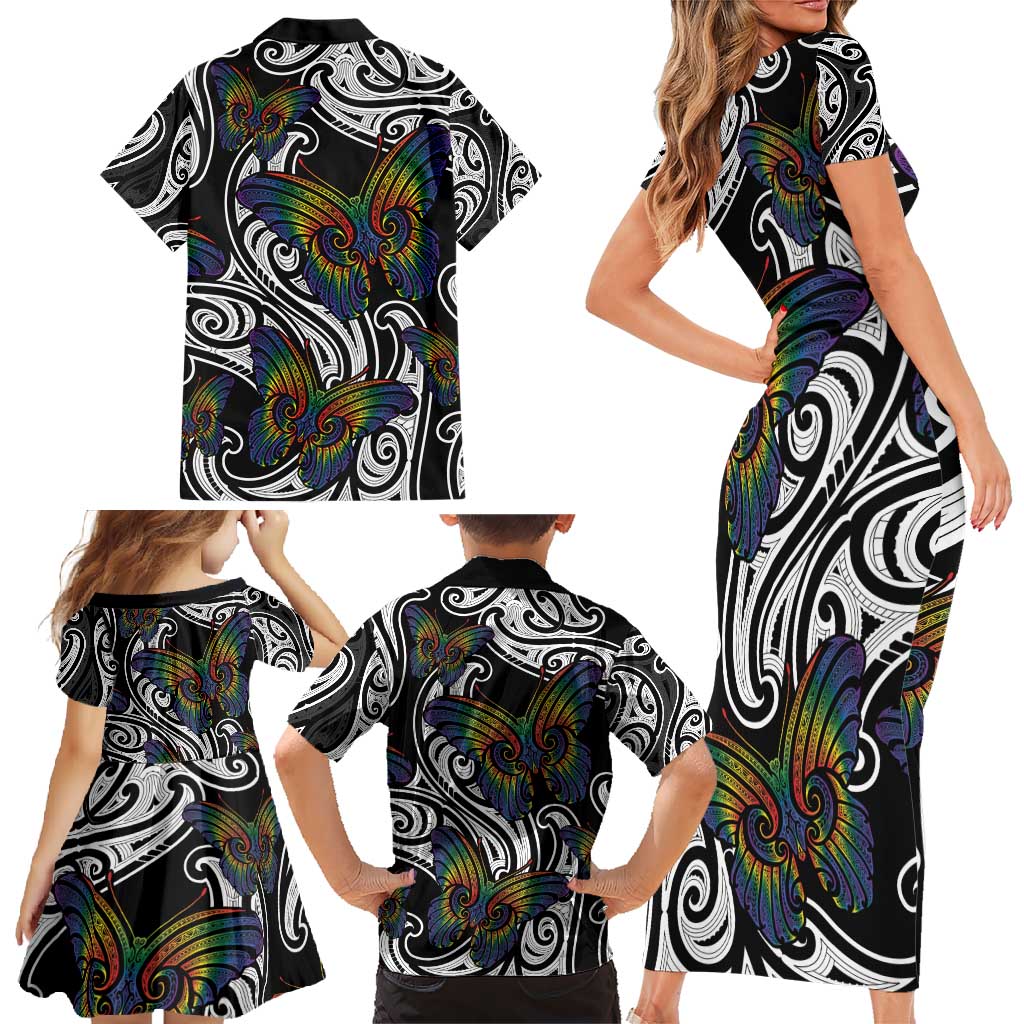 Aotearoa Takatapui Pride Family Matching Short Sleeve Bodycon Dress and Hawaiian Shirt Rainbow Butterfly - Free To Love