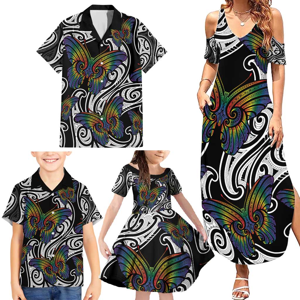 Aotearoa Takatapui Pride Family Matching Summer Maxi Dress and Hawaiian Shirt Rainbow Butterfly - Free To Love