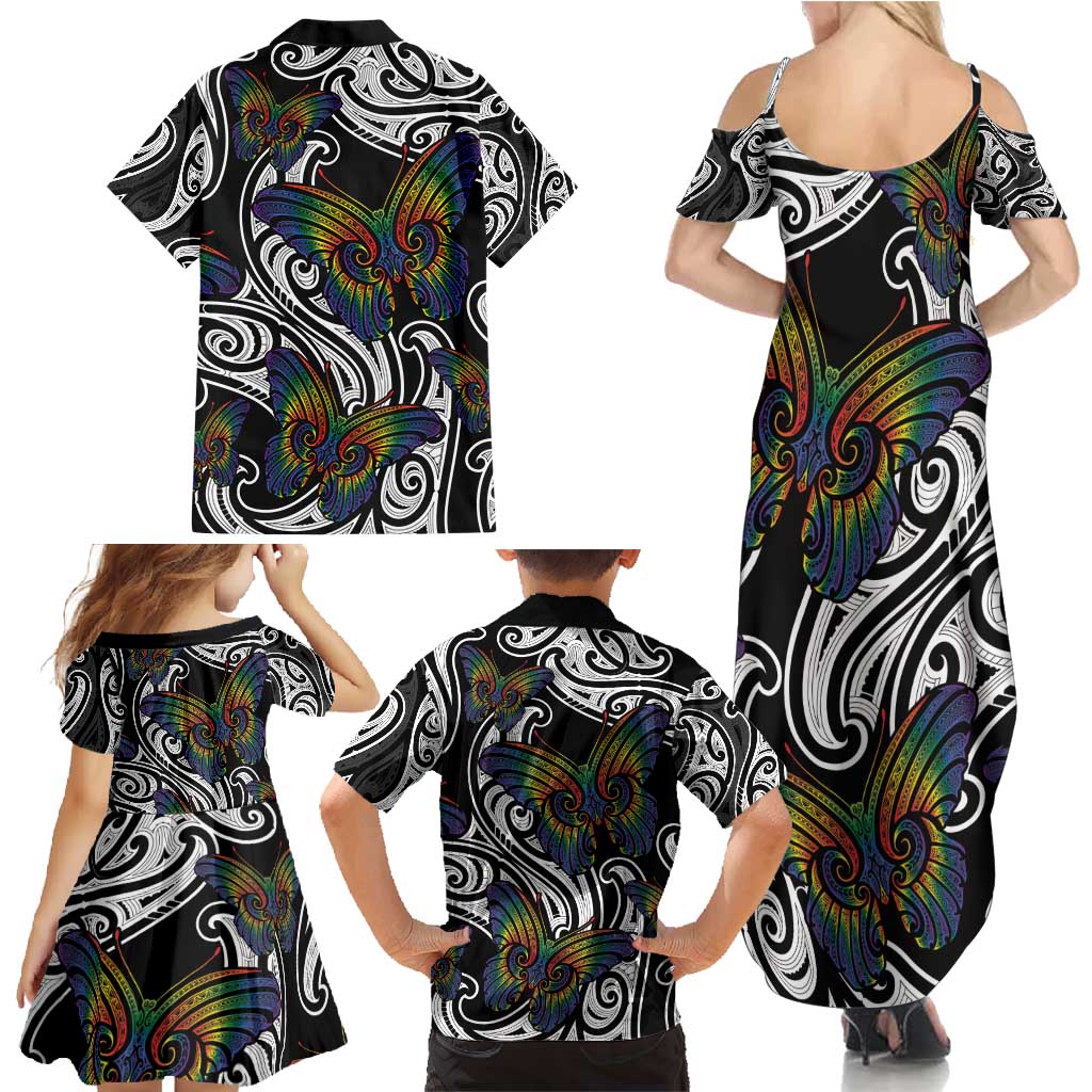 Aotearoa Takatapui Pride Family Matching Summer Maxi Dress and Hawaiian Shirt Rainbow Butterfly - Free To Love