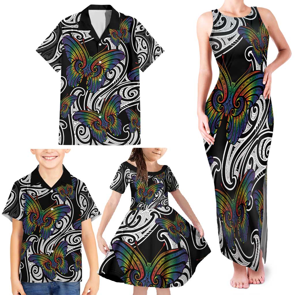 Aotearoa Takatapui Pride Family Matching Tank Maxi Dress and Hawaiian Shirt Rainbow Butterfly - Free To Love