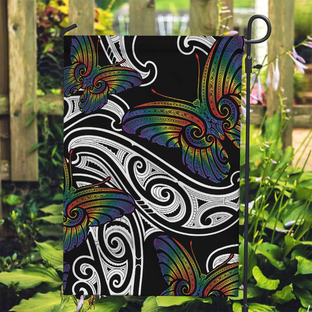 Aotearoa Takatapui Pride Garden Flag Rainbow Butterfly - Free To Love LT7 Garden Flag Black - Polynesian Pride