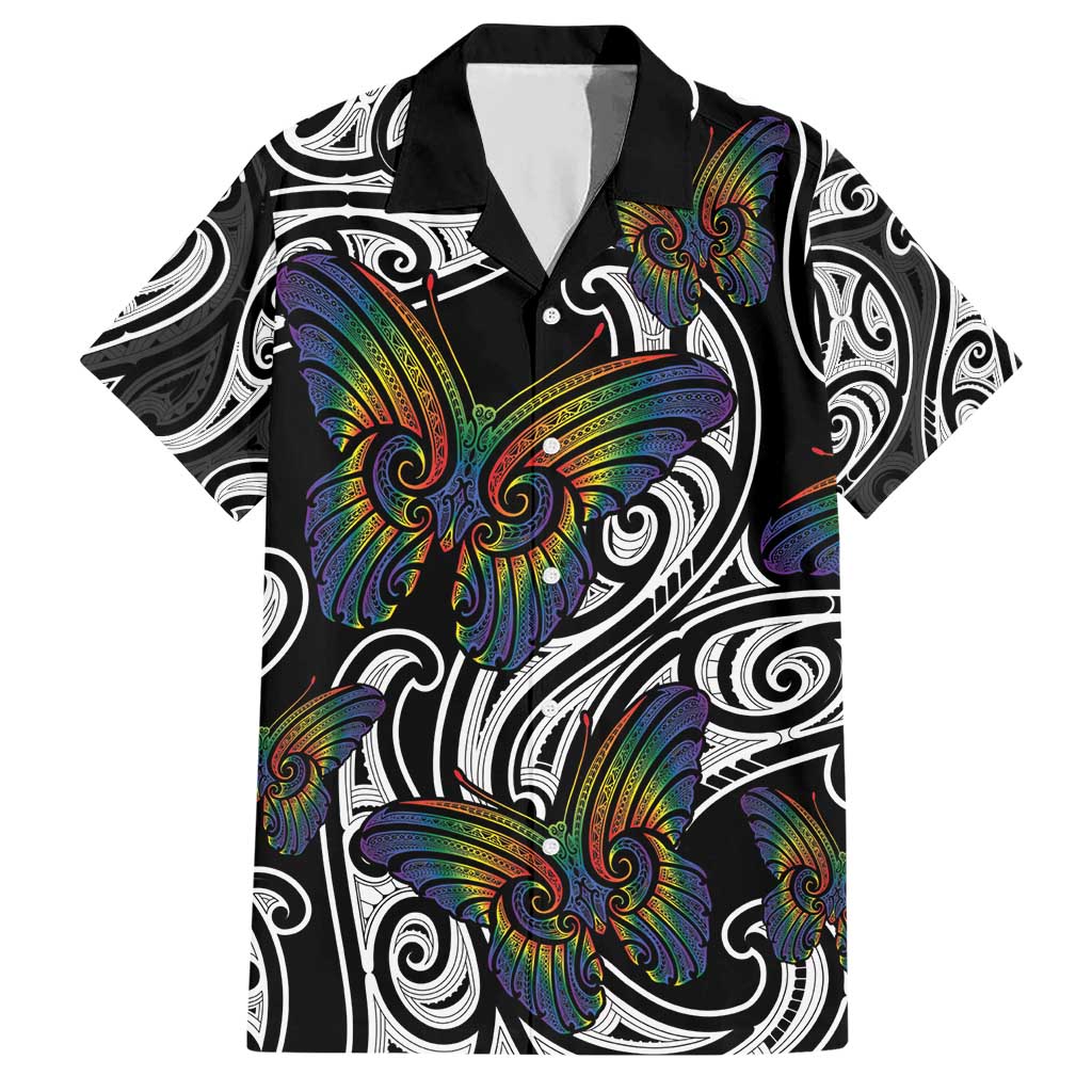 Aotearoa Takatapui Pride Hawaiian Shirt Rainbow Butterfly - Free To Love LT7 Black - Polynesian Pride