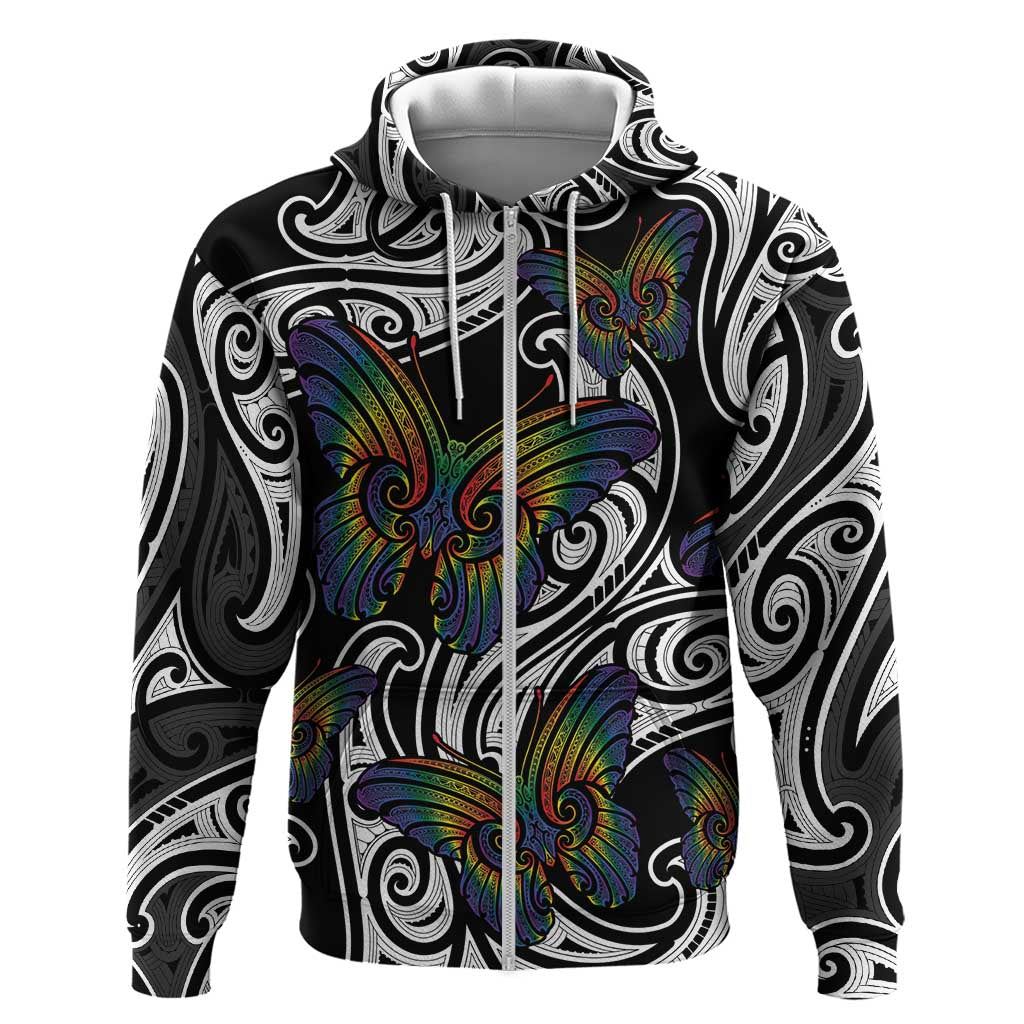 Aotearoa Takatapui Pride Hoodie Rainbow Butterfly - Free To Love