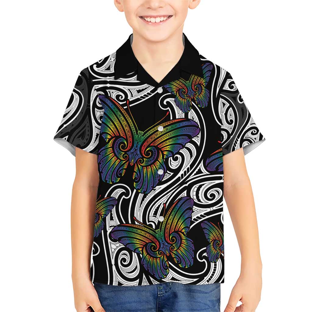 Aotearoa Takatapui Pride Kid Hawaiian Shirt Rainbow Butterfly - Free To Love LT7 Kid Black - Polynesian Pride