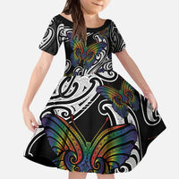 Aotearoa Takatapui Pride Kid Short Sleeve Dress Rainbow Butterfly - Free To Love LT7 KID Black - Polynesian Pride