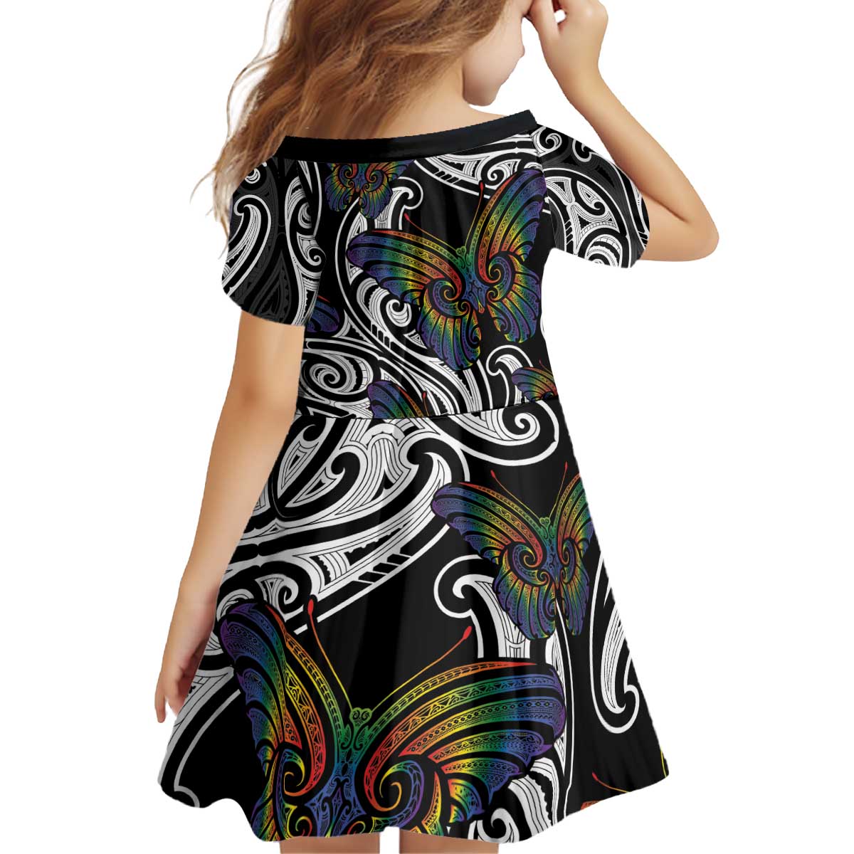 Aotearoa Takatapui Pride Kid Short Sleeve Dress Rainbow Butterfly - Free To Love LT7 - Polynesian Pride