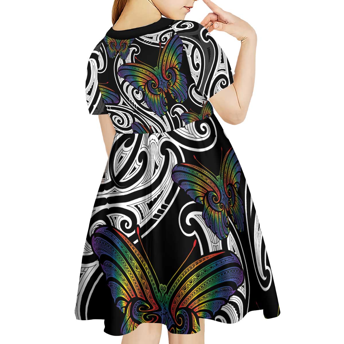 Aotearoa Takatapui Pride Kid Short Sleeve Dress Rainbow Butterfly - Free To Love LT7 - Polynesian Pride