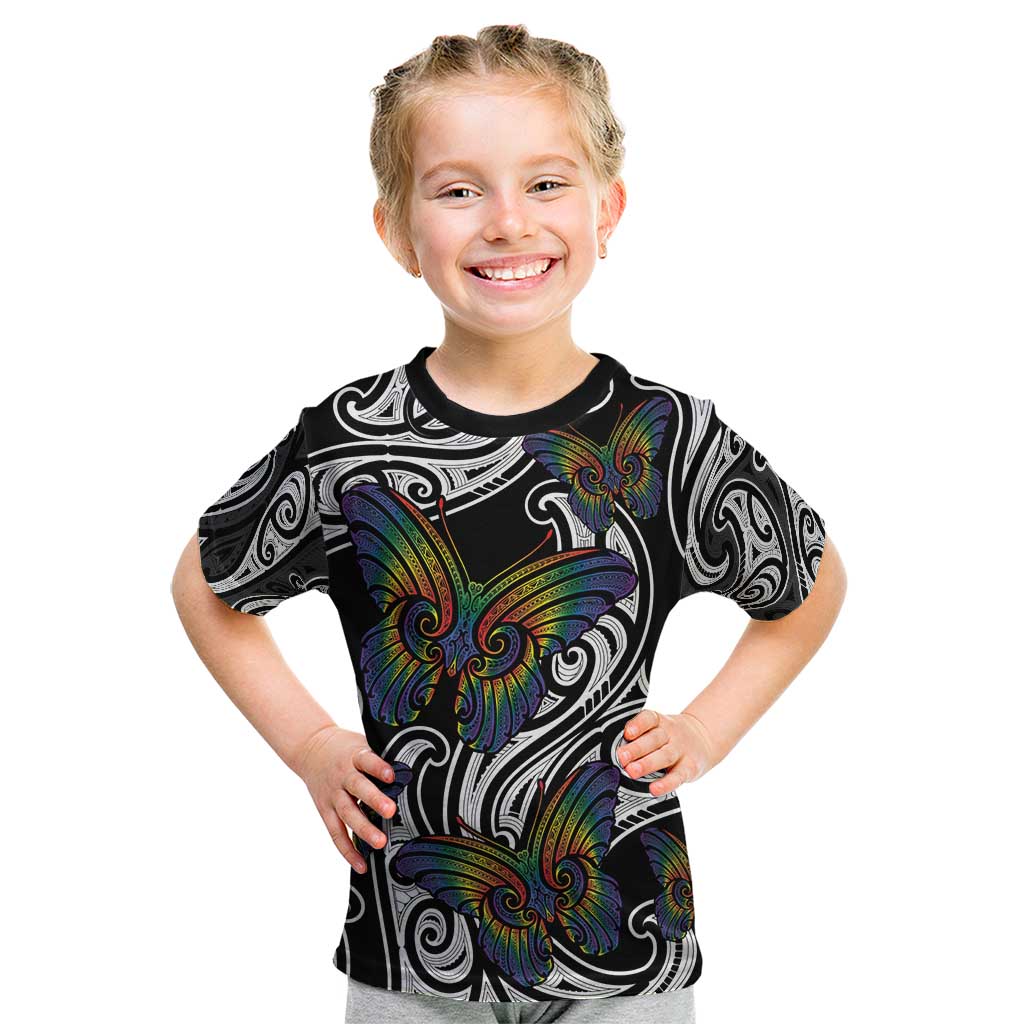 Aotearoa Takatapui Pride Kid T Shirt Rainbow Butterfly - Free To Love