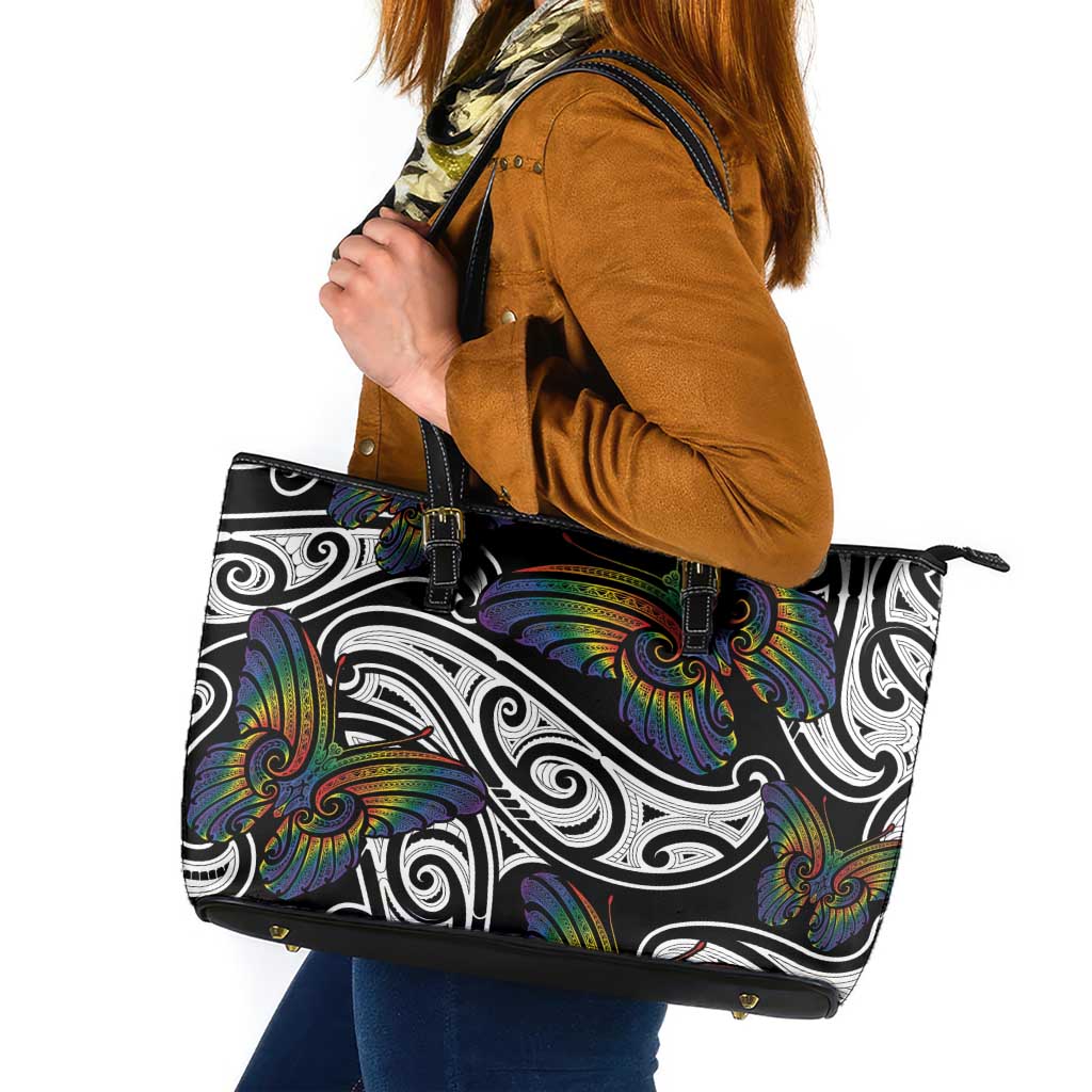 Aotearoa Takatapui Pride Leather Tote Bag Rainbow Butterfly - Free To Love