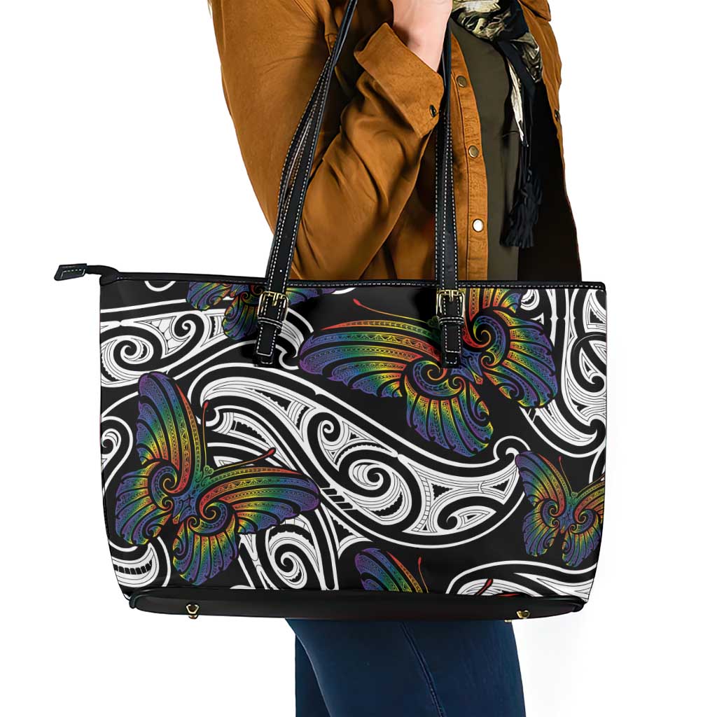 Aotearoa Takatapui Pride Leather Tote Bag Rainbow Butterfly - Free To Love