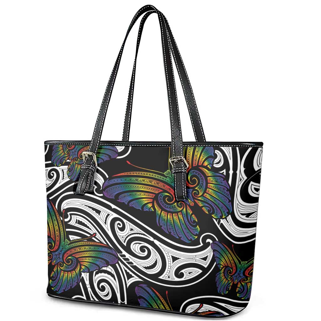 Aotearoa Takatapui Pride Leather Tote Bag Rainbow Butterfly - Free To Love