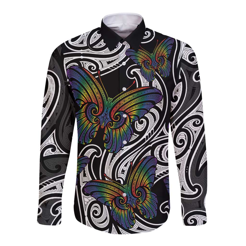 Aotearoa Takatapui Pride Long Sleeve Button Shirt Rainbow Butterfly - Free To Love LT7 Unisex Black - Polynesian Pride