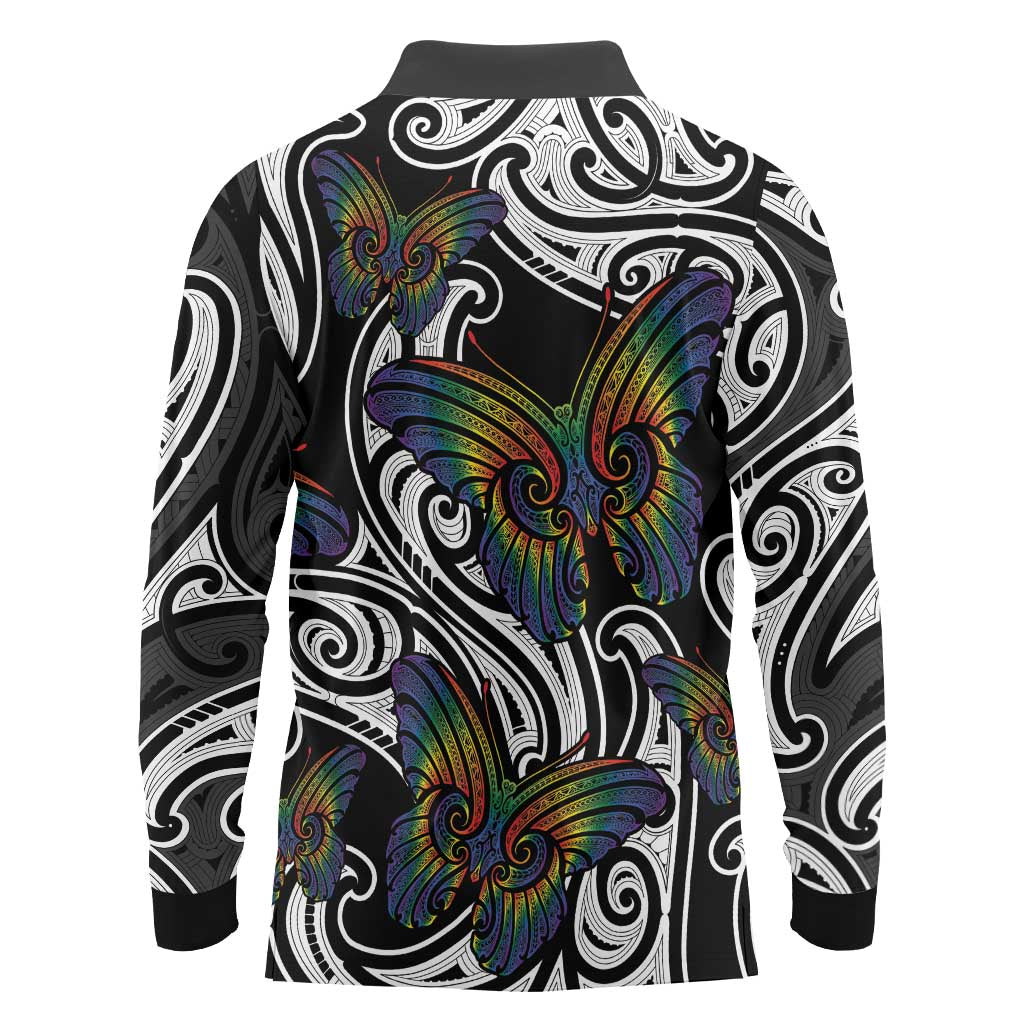 Aotearoa Takatapui Pride Long Sleeve Polo Shirt Rainbow Butterfly - Free To Love
