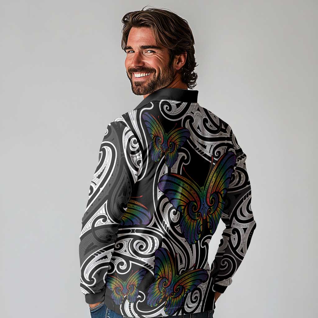 Aotearoa Takatapui Pride Long Sleeve Polo Shirt Rainbow Butterfly - Free To Love