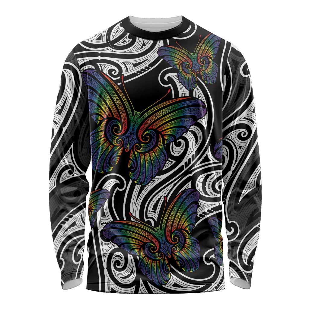 Aotearoa Takatapui Pride Long Sleeve Shirt Rainbow Butterfly - Free To Love LT7 Unisex Black - Polynesian Pride