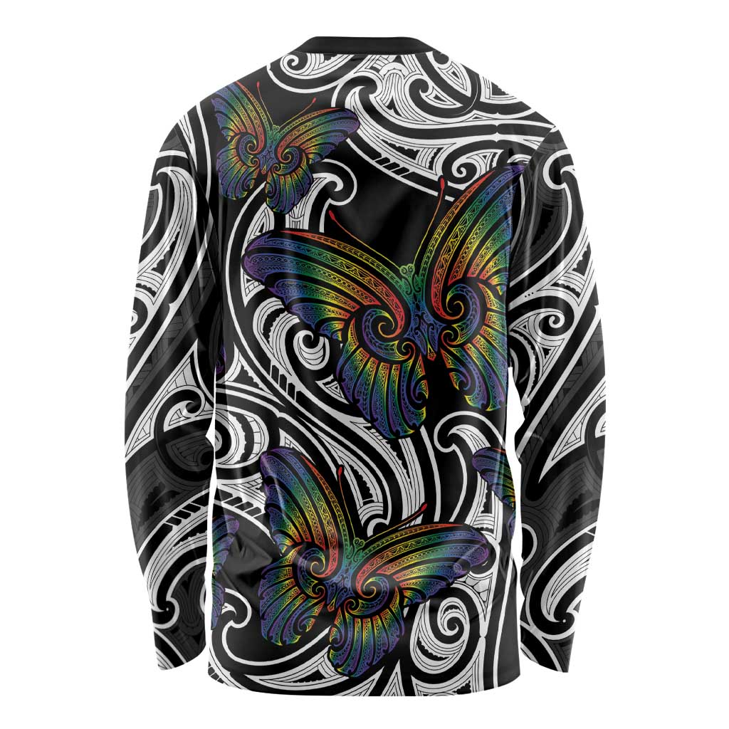 Aotearoa Takatapui Pride Long Sleeve Shirt Rainbow Butterfly - Free To Love LT7 - Polynesian Pride