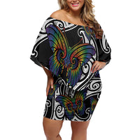 Aotearoa Takatapui Pride Off Shoulder Short Dress Rainbow Butterfly - Free To Love