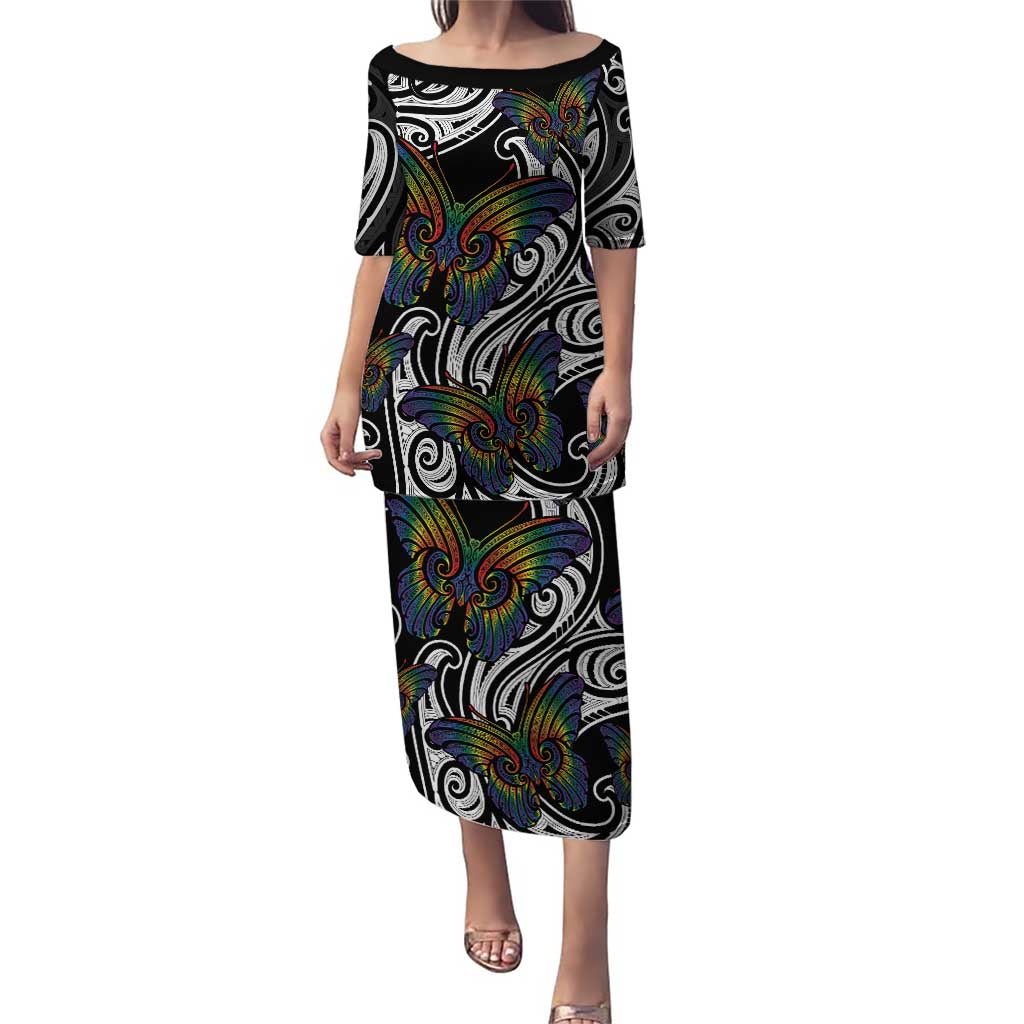 Aotearoa Takatapui Pride Puletasi Rainbow Butterfly - Free To Love LT7 Long Dress Black - Polynesian Pride