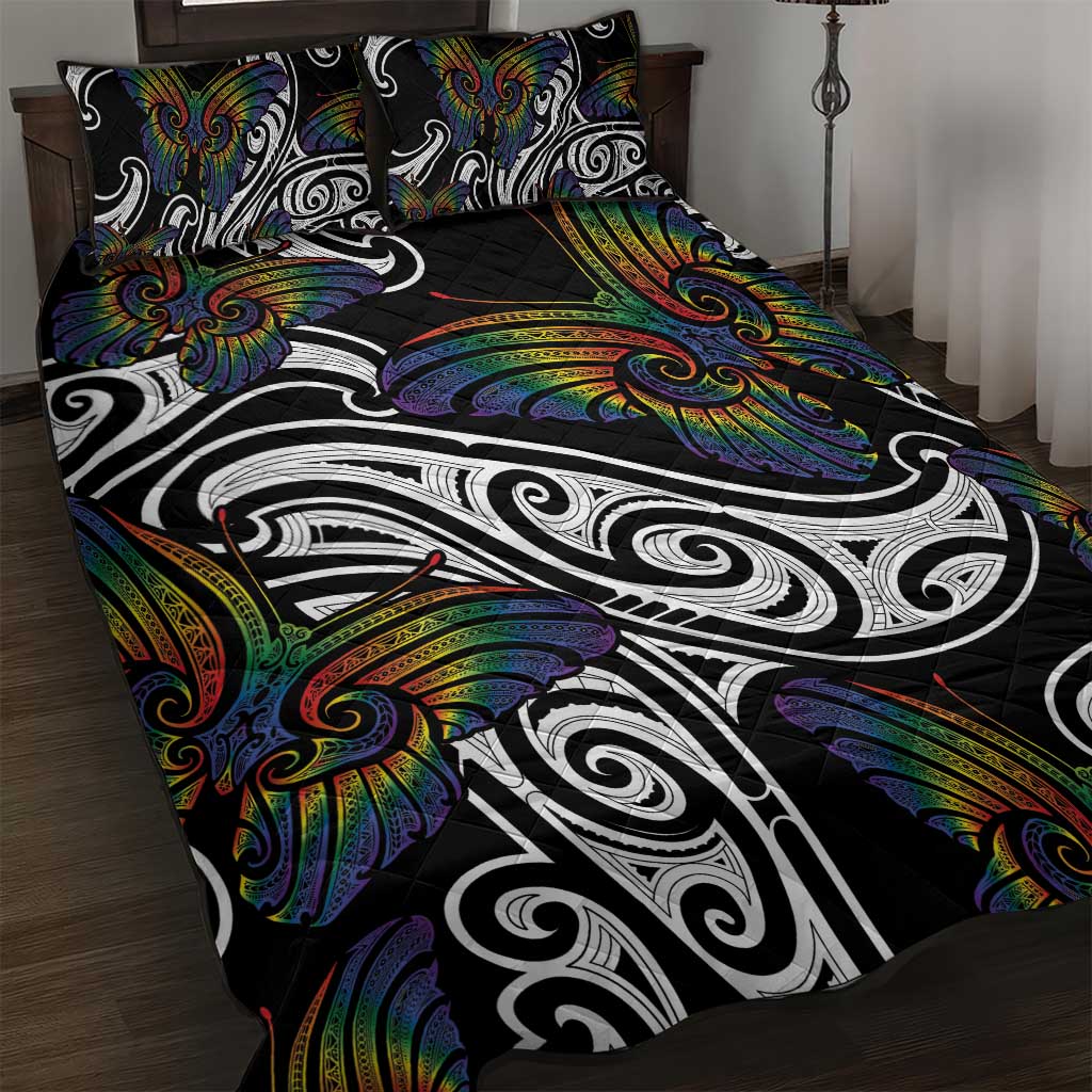 Aotearoa Takatapui Pride Quilt Bed Set Rainbow Butterfly - Free To Love LT7 Black - Polynesian Pride