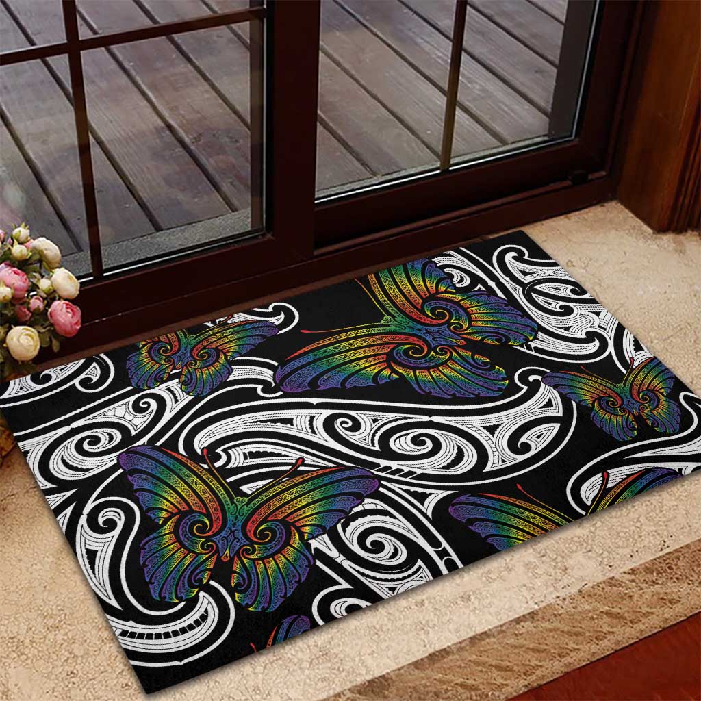 Aotearoa Takatapui Pride Rubber Doormat Rainbow Butterfly - Free To Love LT7 - Polynesian Pride