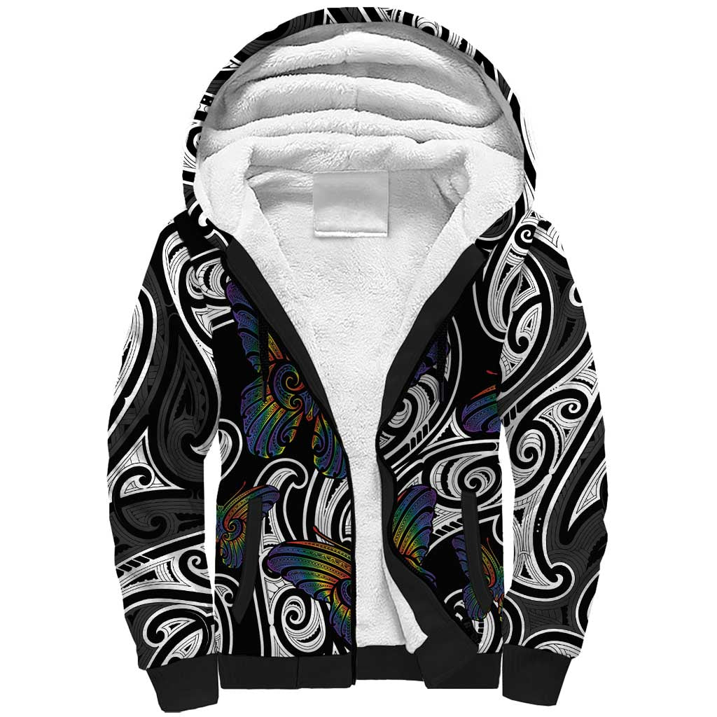 Aotearoa Takatapui Pride Sherpa Hoodie Rainbow Butterfly - Free To Love LT7 Unisex Black - Polynesian Pride