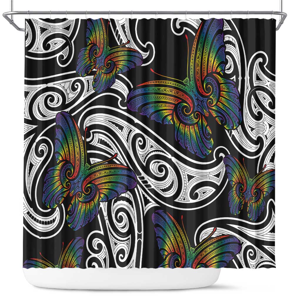 Aotearoa Takatapui Pride Shower Curtain Rainbow Butterfly - Free To Love