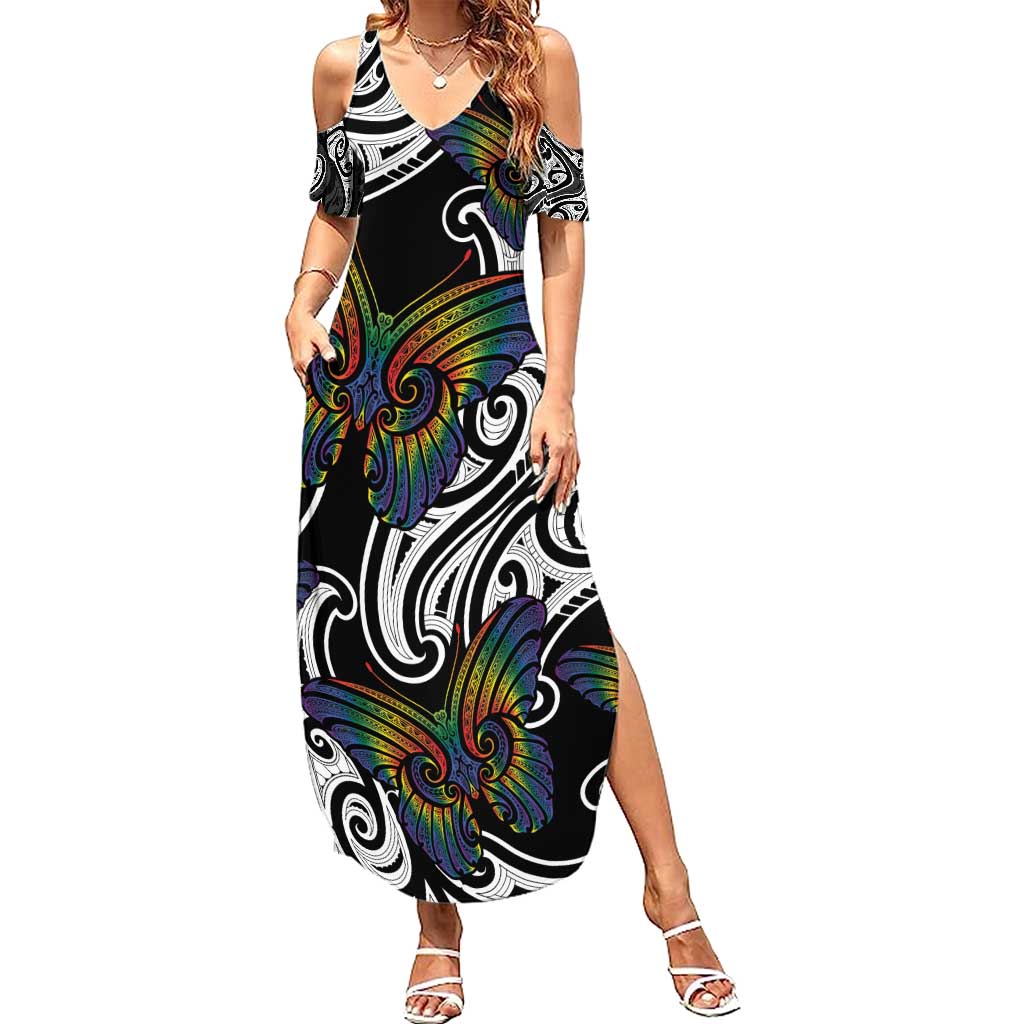Aotearoa Takatapui Pride Summer Maxi Dress Rainbow Butterfly - Free To Love LT7 Women Black - Polynesian Pride