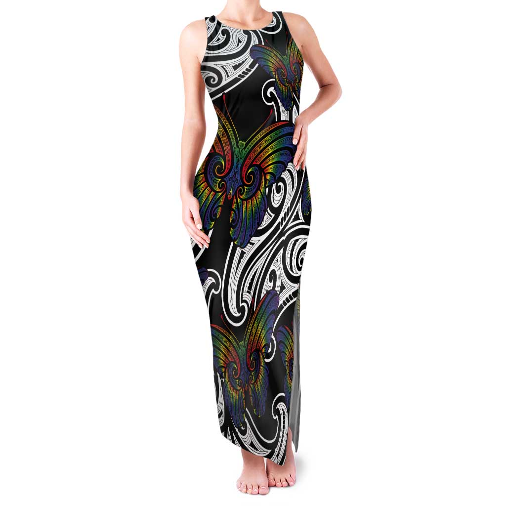 Aotearoa Takatapui Pride Tank Maxi Dress Rainbow Butterfly - Free To Love LT7 Women Black - Polynesian Pride