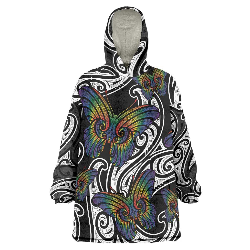Aotearoa Takatapui Pride Wearable Blanket Hoodie Rainbow Butterfly - Free To Love LT7 One Size Black - Polynesian Pride