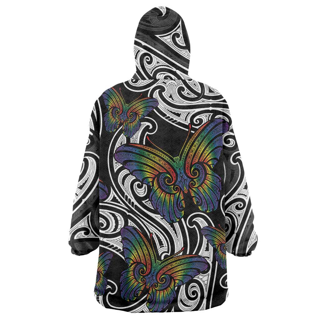 Aotearoa Takatapui Pride Wearable Blanket Hoodie Rainbow Butterfly - Free To Love LT7 - Polynesian Pride