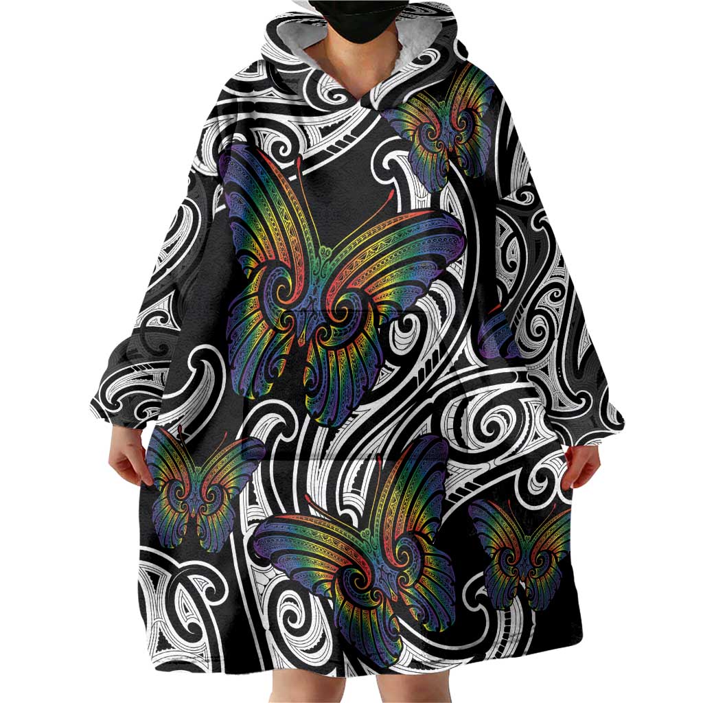 Aotearoa Takatapui Pride Wearable Blanket Hoodie Rainbow Butterfly - Free To Love LT7 - Polynesian Pride