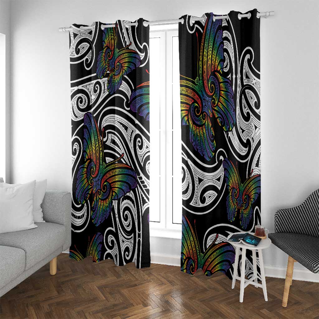 Aotearoa Takatapui Pride Window Curtain Rainbow Butterfly - Free To Love LT7 With Grommets Black - Polynesian Pride