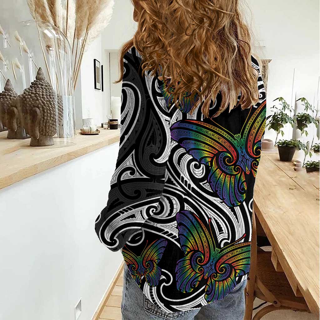 Aotearoa Takatapui Pride Women Casual Shirt Rainbow Butterfly - Free To Love