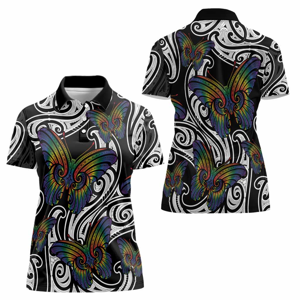 Aotearoa Takatapui Pride Women Polo Shirt Rainbow Butterfly - Free To Love
