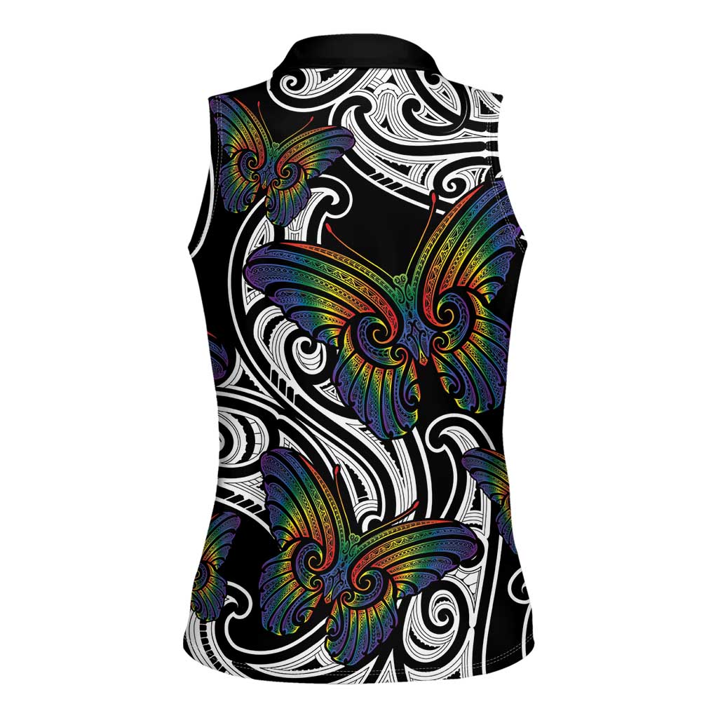 Aotearoa Takatapui Pride Women Sleeveless Polo Shirt Rainbow Butterfly - Free To Love