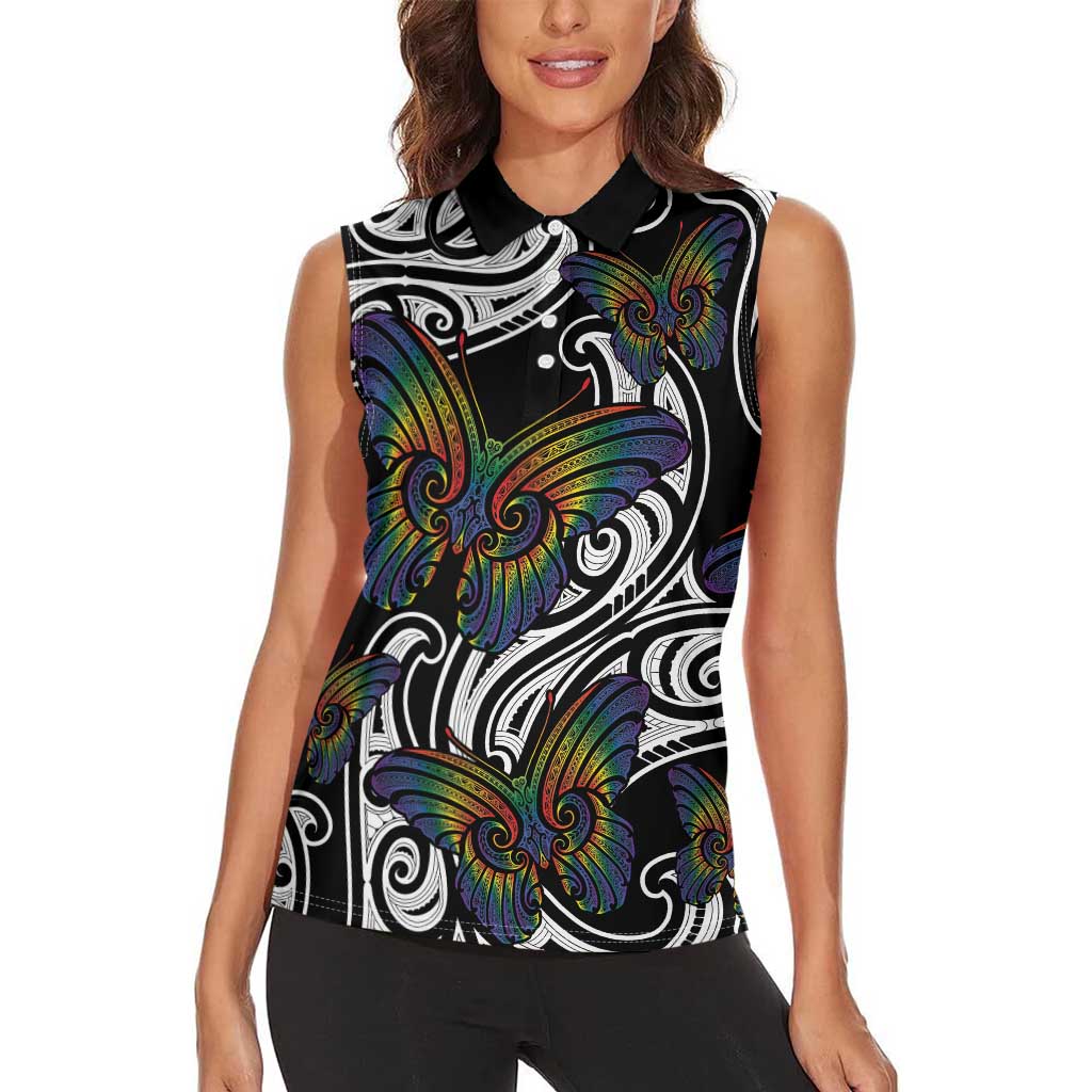Aotearoa Takatapui Pride Women Sleeveless Polo Shirt Rainbow Butterfly - Free To Love