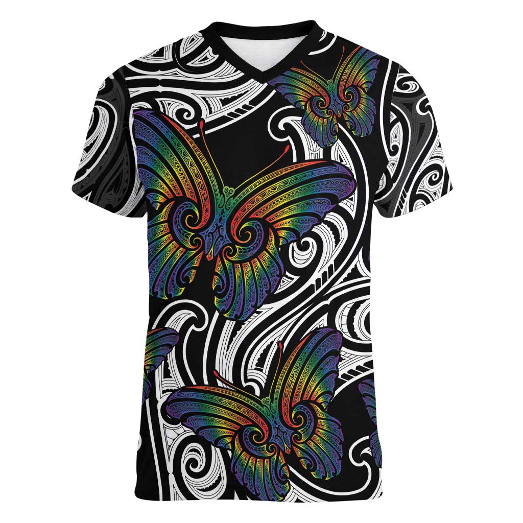 Aotearoa Takatapui Pride Women V-Neck T-Shirt Rainbow Butterfly - Free To Love