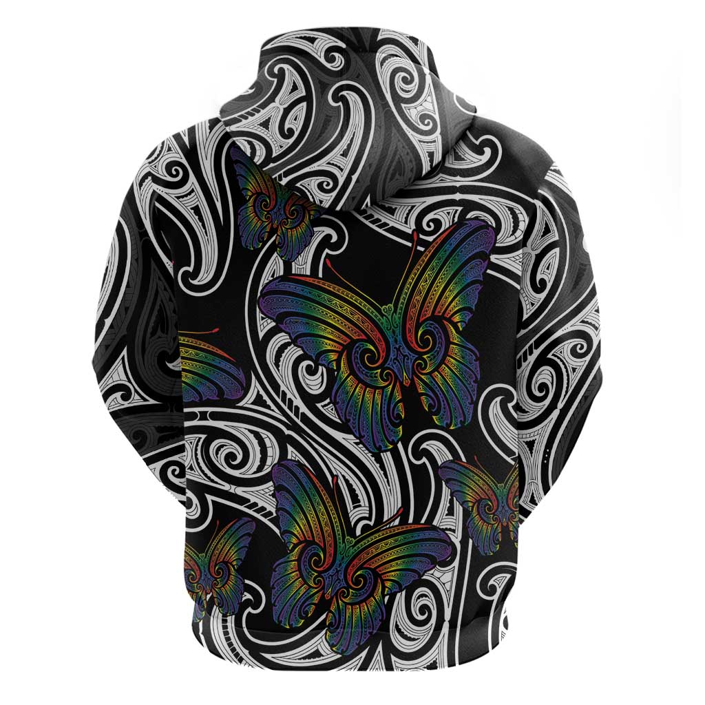 Aotearoa Takatapui Pride Zip Hoodie Rainbow Butterfly - Free To Love