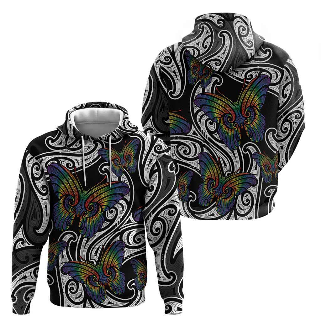 Aotearoa Takatapui Pride Zip Hoodie Rainbow Butterfly - Free To Love