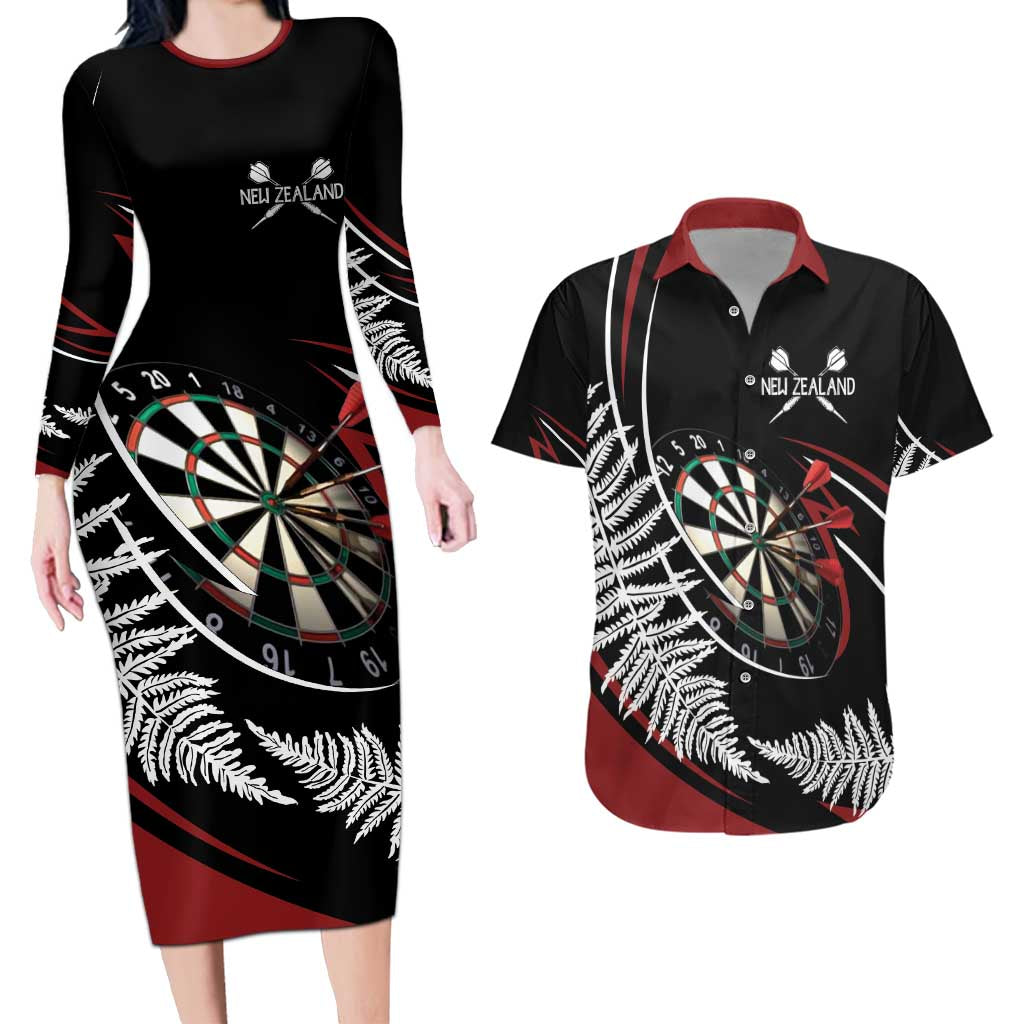 New Zealand Darts Personalised Couples Matching Long Sleeve Bodycon Dress and Hawaiian Shirt Silver Fern Dynamic