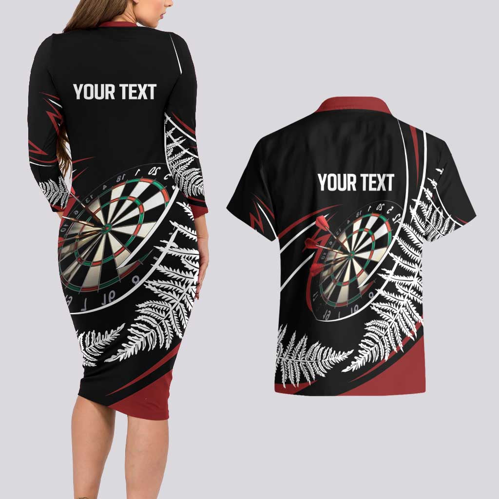 New Zealand Darts Personalised Couples Matching Long Sleeve Bodycon Dress and Hawaiian Shirt Silver Fern Dynamic