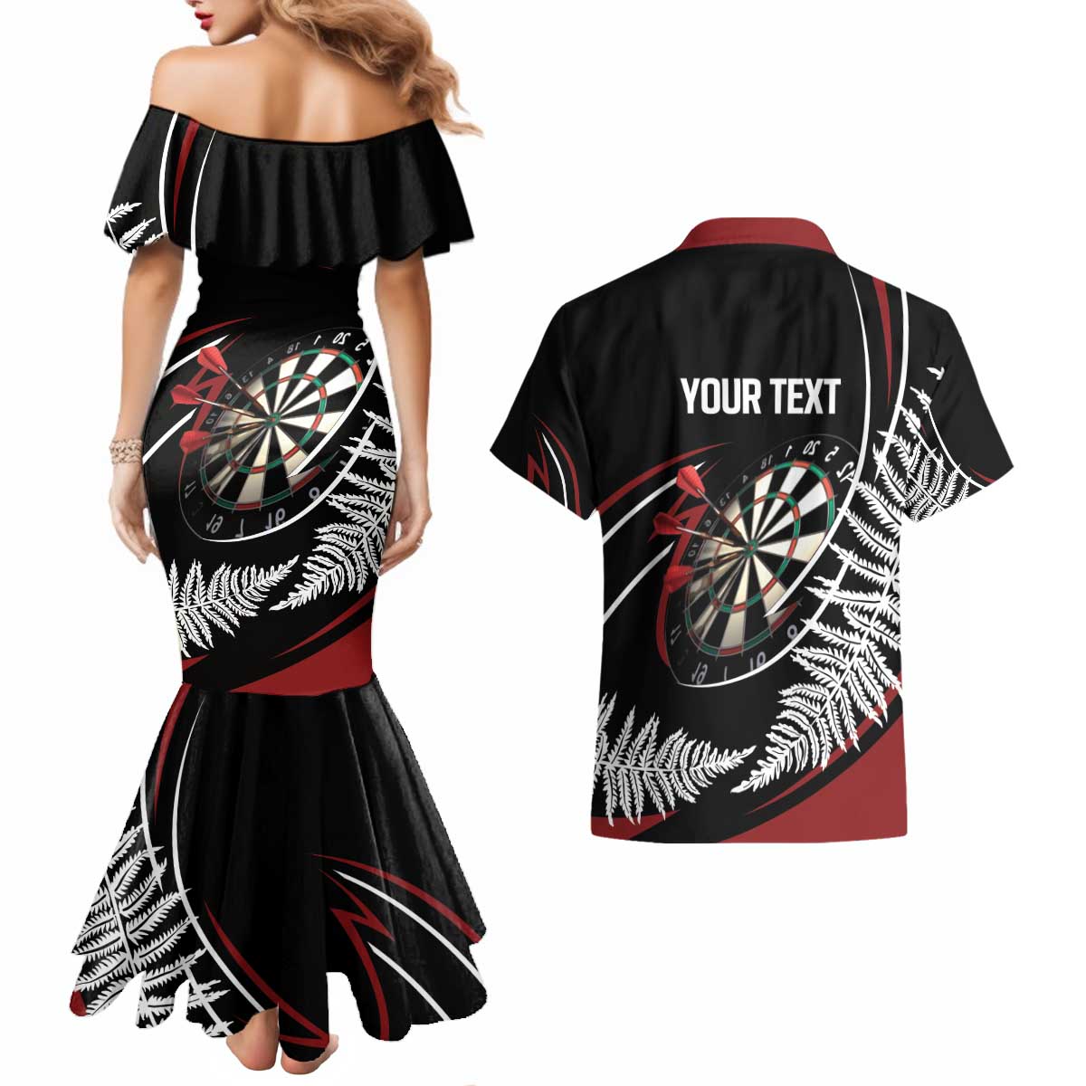 New Zealand Darts Personalised Couples Matching Mermaid Dress and Hawaiian Shirt Silver Fern Dynamic