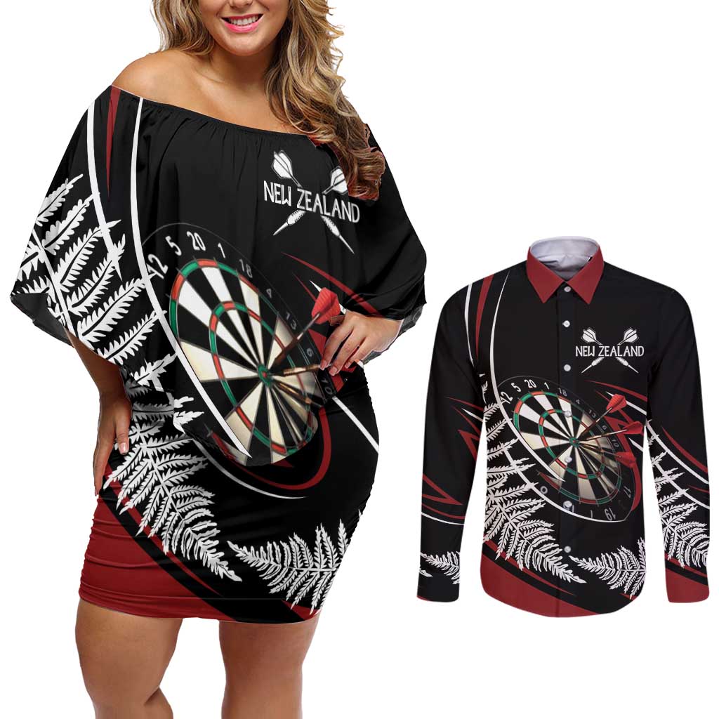 New Zealand Darts Personalised Couples Matching Off Shoulder Short Dress and Long Sleeve Button Shirt Silver Fern Dynamic